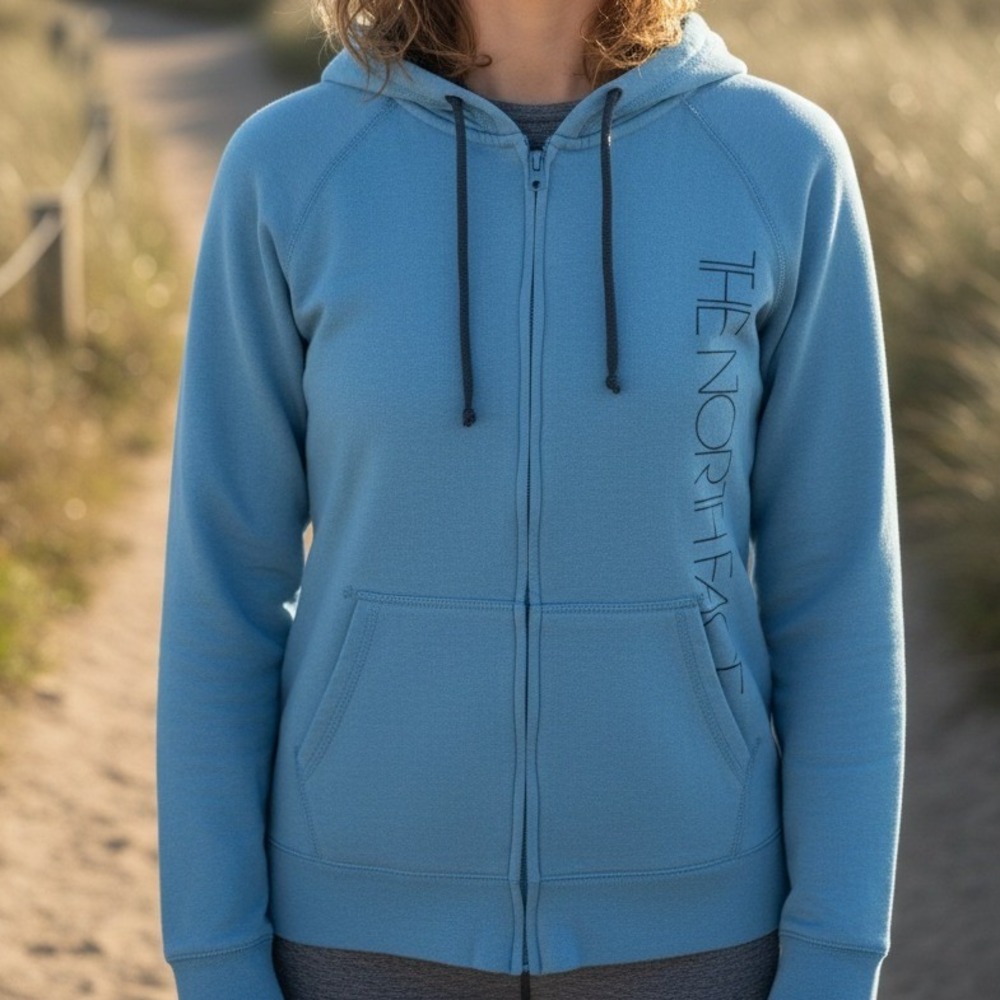 The North Face Womens Full Zip Hoodie Blue Heathered Logo‎ Fleece Jacket L